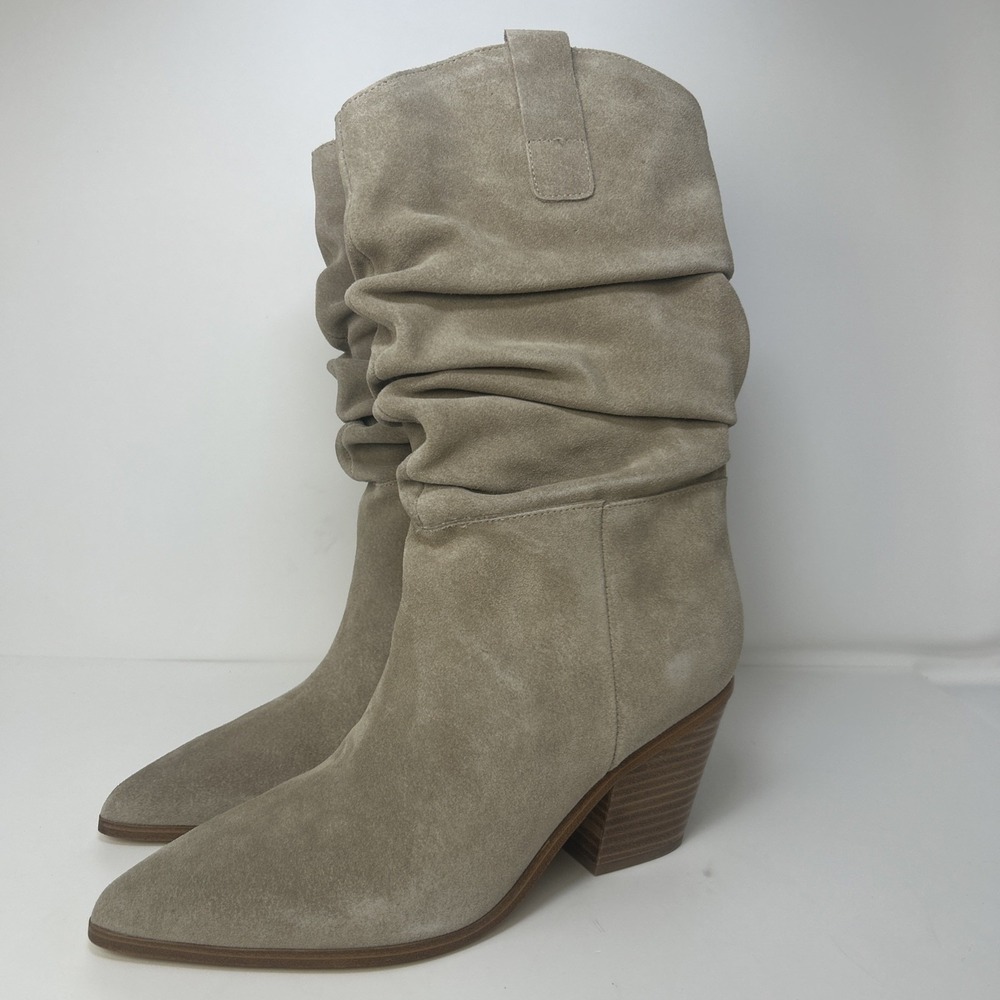 Nine West Kadon Slouch Boots Taupe Suede‎ Mid Calf Pointed Toe Block Heel 8M NIB